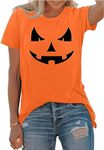 hohololo Halloween Tshirts Women Smiling Pumpkin T-Shirt Happy Halloween Costume,Orange-A,M