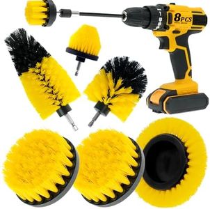ETOUPA 8 Pcs Drill Brush Attachment Set, Power Cleaning Scrub Brush Kit with Extend Long Attachment, All Purpose Drill Scrub Brushes for Car, Grout, Floor, Tub, Bathroom and Kitchen (Yellow)