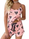 GORGLITTER Women's 2 Piece Heart Print Summer Pajama Set Scoop Neck Sleeveless Cami Tops and Shorts Loungewear Coral Pink S