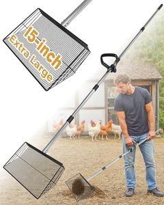 15-inch Large Chicken Poop Scooper, Heavy Duty Adjustable Chicken Coop Scoop for Sand with Ergonomic Grip,Metal Chicken Coop Scoop with 24 to 68"