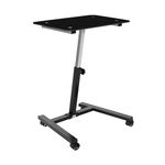 Seville Classics Solid-Top Height Adjustable Mobile Laptop Computer Desk Cart Ergonomic Home Office Stand Rolling Table, Tempered Glass (24"), Black