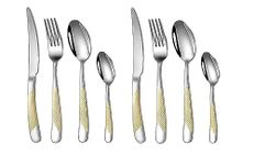 GRACIOUS MART ​Modern Hammered Set Ultra Sharp 2-in-1 Serrated Knive Kitchen Cutlery Knives Spoons Forks Hotel Tableware Set Includes Dinner Knives/Forks/Spoons for Home, Mirror Finish (8, Silver)