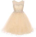 Sparkling Rhinestone Illusion Tulle Junior Bridesmaid Pageant Flower Girl Dress, Champagne, 16