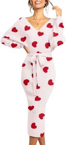 Chang Yun Heart Valentine Sweater Dress for Women Gift Long Sleeve Jumper Maxi Dresses Sexy V Neck Sweaters