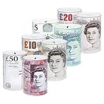 KAV Sterling Money Box Tin - Piggy Bank, Coin Tin, Cash Tin, Tinplate, Savings Tin to Save Birthday Money, Holiday and Christmas Fund - Pack of 4 Asorted Colours (15 x 10 x 10 cm)