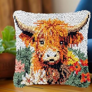 Cute Highland Cow Cattle Latch Hook Kits Pillow Crochet Yarn Cushion Pre-Printed Rug Needlework DIY Pillowcase Hook and Latch Kit Christmas Home Sofa Decoration 43x43cm(3)