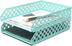 Exerz Letter Trays 2pcs Stackable Paper Sorter/Desk Organiser/File Tray for Desk - Wire Mesh Metal File Rack - Office, School, Home Study (Turquoise)