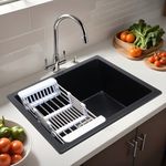 Ruhe Quartz Single Bowl 24X18X9 Inches Kitchen Sink | Black Non-Fading Colour With Uv Protection | Natural Stone Quartz/Granite Sink With Sink Coupling, Waste Pipe & Strainer Basket - Matt