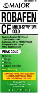 Major Robafen CF Multi-Symptom Peak Cold Cough Syrup Dextromethorphan 20mg / Guaifenesin 200mg / Phenylephrine 10mg - 4 fl oz