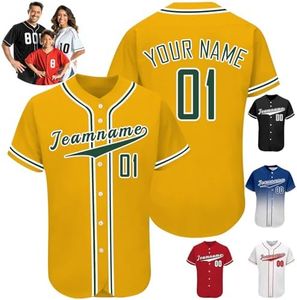 Custom Baseball Jersey Printed Personalized Baseball Button Down Shirt Customize Short Sleeve Sports Uniform for Women Men Youth Yellow