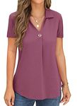 Qixing Womens Summer Dressy Casual Tunic Tops Short Sleeve V Neck Button Down Blouses Purple Red-XL