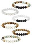 6 Pcs Lava Stone Bead Bracelet, Natural Gemstone Stretchy Bracelets - Aromatherapy Essential Oil Diffuser Healing Chakras Agate Crystal Elastic Lucky Bracelets, 5.5-8 inches, Stone