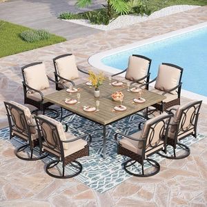 PHI VILLA Outdoor Patio Dining Table and Chairs Set, Heavy Duty 9 Piece Outdoor Dining Set for 8-8 Extra Large Swivel Patio Dining Chairs, 1 Large Square 60"x 60" Metal Patio Dining Table