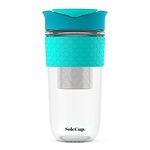 SoleCup. Large Travel Mug Loose Tea Infuser - Detachable Tea Strainer with Spill Proof Lid - 18oz/530ml BPA-Free Reusable Glass Travel Coffee Cup with Silicone Band (Blue)