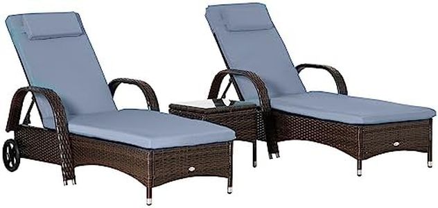 Outsunny Wicker Outdoor Chaise Lounge Set of 2, 5-Level Adjustable Backrest PE Rattan Pool Lounge Chair with Wheels, Cushion & Headrest, Brown and Gray