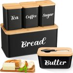 Domensi Metal Bread Box and Ceramic Butter Dish with 3 Airtight Kitchen Canisters Farmhouse Storage Canister Set for Kitchen with Bamboo Cutting Board Lid and Stainless Steel Butter Knife (Black)