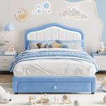 GarveeHome Full Upholstered Bed Frame with Storage Drawer and Smart Led Headboard, Full Size Platform Bed Frames for Kids, Wooden Slats Support, No Box Spring Needed, Easy Assembly, Blue