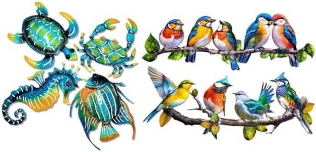 Set of 4 Blue Turtle Fish Crab and Seahorse Beach Ocean Pool Decor+2025 New Metal Bird Wall Decor