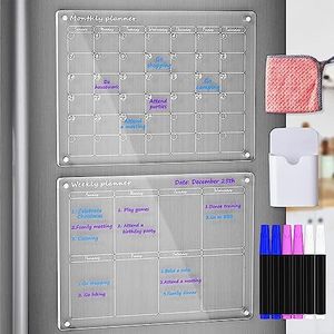 Acrylic Magnetic Dry Erase Board and Calendar for Fridge, Clear Set of 2 for Refrigerator Reusable Planner, Includes 6 Dry Erase Markers with 3 Colors (Monthly Calendar + Weekly Calendar)