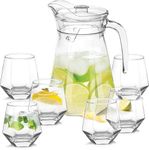 Red-Rubby 7pc Crystal Water Jug with Glass Set | jug with lid and Handle,6pieces Glass Set, 1pc Jug 1800ml and 6pc Glasses 6x300ml, Freezer Safe and Dishwasher Safe