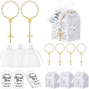 100 Pieces Rosaries Baptism Sets Including 25 Pcs Mini Rosary 25 Pcs Cross Favor Boxes 25 Pcs Organza Gift Bags and 25 Pcs Thank You Kraft Tags Guest Return Gifts for Baby Shower Wedding Decor (Gold)