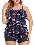 Summer Mae Plus Size Bathing Suit for Women Tummy Control Tankini Swimsuits for Women 2 Pieces Ruffle Swimwear with Shorts Flamingo 3X-Large