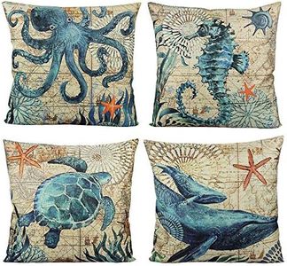 VAKADO Mediterranean Nautical Outdoor Throw Pillow Covers Beach Coastal Sea Turtle Octopus Whale Seahorse Cushion Cases Decorative Summer Ocean Decor for Couch Patio Furniture 18x18 Inch Set of 4