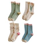 Women's Tulip Flowers Socks 4 Pairs Vintage Embroidered Flower Patterned Series Frilly Cotton Casual Cute Crew Socks for Ladies and Girls Daily Wear Mid-Length Novelty Funny Sock Multipack