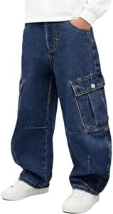 Tenfinordi Boys Cargo Baggy Jeans Y2k Barrel Jeans, Kids Elastic Waist Wide Leg Cargo Denim Pants Hip Hop Vintage Streetwear Trousers Dark Blue Size 11