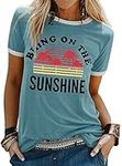 Womens Tshirt Short Sleeve Bring ON The Sunshine Graphic Tee Shirt Letter Casual Summer Top L Lake Blue