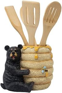 Decorative Black Bear in a Beehive Honey Pot Countertop Utensil Holder Crock Display Stand Table Statue for Cabin or Rustic Lodge Decor and Gourmet Kitchen Decorations As Housewarming Gifts