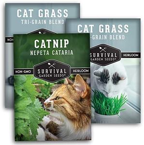 Survival Garden Seeds Cat Collection Seed Vault - Non-GMO Heirloom Seeds for Planting - Catnip and 2 Cat Grass Packets - Amazing Herbal Plants and Greens for Your Kitty's Health & Recreation