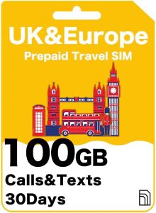 UK & Europe Travel SIM Card - 100GB 5G High Speed Data in UK,12GB Roaming Data in 71 Countries, Ultd Calls and Text in UK - Three (100GB (12GB Roaming Data))