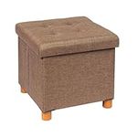 B FSOBEIIALEO Storage Ottoman with Tray, Foot Stools and Ottomans with Wooden Feet, Storage Cube Seat Linen Brown 15"