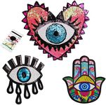 Joynaamn 3PCS Evil Eye Sequin Patches Sewing on/Iron on, Large Embroidered Decorative Appalique with Sewing Kit for Clothes Jacket Backpack Hat, Suitable for DIY/Arts/Crafts Projects