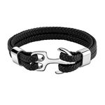 Emibele Bracelet for Men, Sturdy Cowhide Leather Bracelet, Multilayer Vintage Anchor Bracelet Wrap Cuff - Black with Silver Anchor