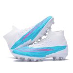 JUNNMRE Unisex Soccer Cleats for Mens Womens Football Cleats High-top Indoor/Outdoor Training Soccer Shoes, White Blue, 6.5 Women/5.5 Men