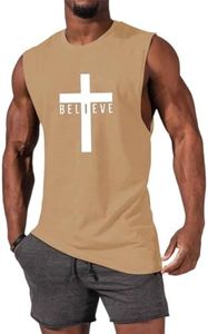 iudam Men's Cotton Graphic Tank Tops Jesus Cross Believe Printed Faith Christian Shirts, #Khaki, XX-Large