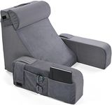 FOVERA Reading Pillow with Arm Support & Headrest | Backrest Pillow for Bed | High-Resilience Foam Bed Back Support Pillow for Reading, Working & Relaxing | Removable Velvet Cover (Grey)
