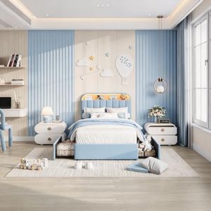 Twin Velvet Bed Frame with 2 Drawers, RGB LED Headboard & Bookcase, Blue