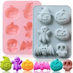 2 Pack Halloween Silicone Cake Mold Pumpkin Bat Skull Ghost Shape Silicone Mold for Chocolate Candy Gummy Jello Ice Cube Crayon Melt Biscuits, Soap Molds Silicone Baking Mold Making Kit for Kids