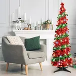 QBA 5FT Pop Up Tinsel Christmas Tree with 90 LED Lights, Collapsible Christmas Tree Pencil Christmas Tree for Home Office Apartment Party Holiday, Red Green