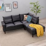 Panana 5 Seats Sectional Sofa L-Shaped Corner Couch with Built-in USB Chairging Port Chaise, Cushion Backrest Solid Wood Legs Suite Living Room Furniture (Black Leathaire, 5 Seater Corner with Chaise)
