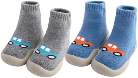 FABRST 2 Pairs Baby Warm Thick Sock Shoes Toddler Infant Non Slip Soft Rubber Sole Slippers First Walking Shoes for Baby Boys Girls(Grey Blue Car, 18-24 Months)