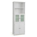 COSTWAY Bathroom Tall Cabinet, Freestanding Storage Cupboard with Tempered Glass Door and Open/Adjustable Shelves, Wooden High Floor Storage Cabinet for Living Room Kitchen Hallway (White)