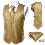 Barry.Wang Designer Waiscoat Vest for Men Necktie Hanky Cufflink Wedding Business Formal Dress Tuxedo, Gold, L