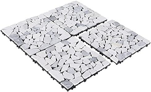 PURE ERA Natural Real Stone Interlocking Floor Deck Tiles Indoor Outdoor Use 12"x12" (4Pcs, 4 sq. Ft, Sliced Grey and White)- Great Upgrade to Patio Backyard Pathway