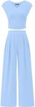 BTFBM Women's 2 Piece Outfits 2025 Summer V Neck Cap Sleeve Ruched Top and Wide Leg Pants Rib Knit Lounge Matching Sets(Light Blue, Small)