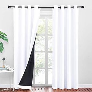 PONY DANCE White Blackout Curtains 84 Inch Drop - Full Blackout Curtains Eyelet Top with Black Liner for Thermal Insulated Door Curtain for Living Room Bedroom, 2 Panels, 52 Inch Wide