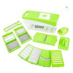 GOPI 14 in 1 Multipurpose Chopper, Fruits & Vegetable Cutters, Grater Peeler Chipser, Unbreakable Food Grade Body, Easy Push to Clean Button Slicer Dicer, Chopper for Kitchen (Green, Plastic)